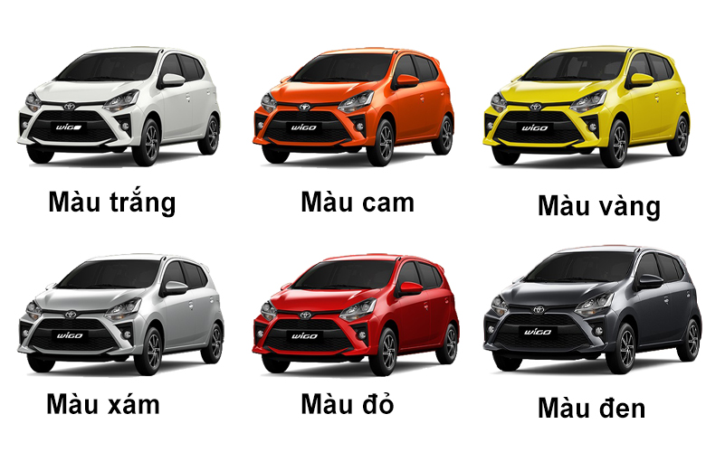 Toyota Wigo 2023 có 6 lựa chọn màu sắc dành cho khách hàng: Xám, Trắng, Đỏ, Đen, Cam, Bạc. 