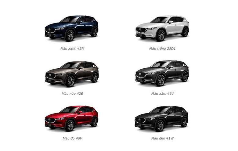 Mazda CX-5 có 6 màu ngoại thất gồm: Đỏ, Xám, Trắng, Nâu, Xanh, Đen.