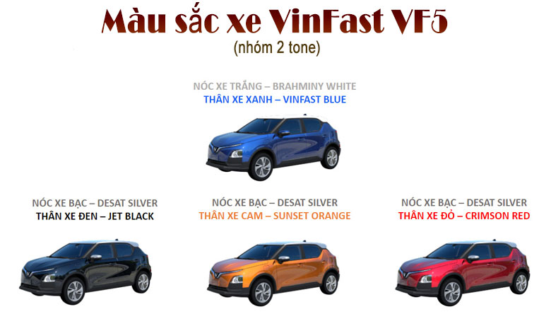 Màu sắc xe VinFast VF5 (nhóm 2 tone) bao gồm: Trắng-Xanh Dương, Bạc-Đen, Bạc-Cam, Bạc-Đỏ.