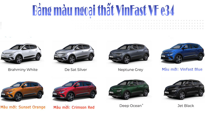VinFast VF e34 mang đến 8 lựa chọn màu sắc ngoại thất