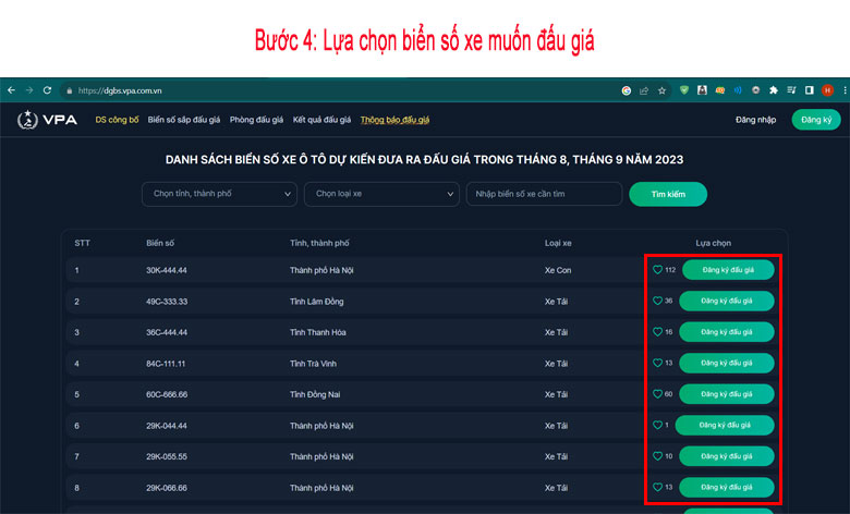 Bước 4: Lựa chọn biển số xe muốn đấu giá