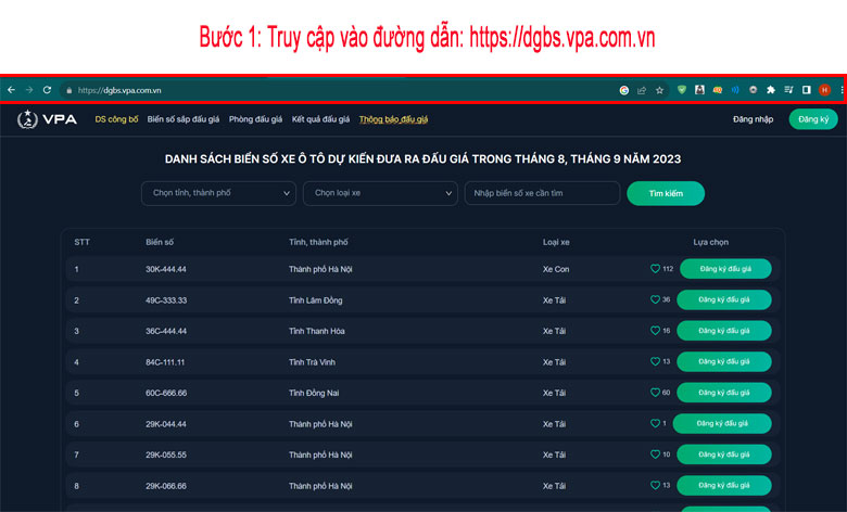 Bước 1: Truy cập vào website: https://dgbs.vpa.com.vn